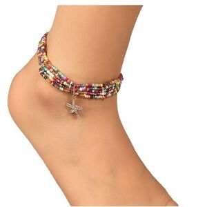 Boho Multicolored Sead Beaded Multi Strand Anklet with Starfish Charm